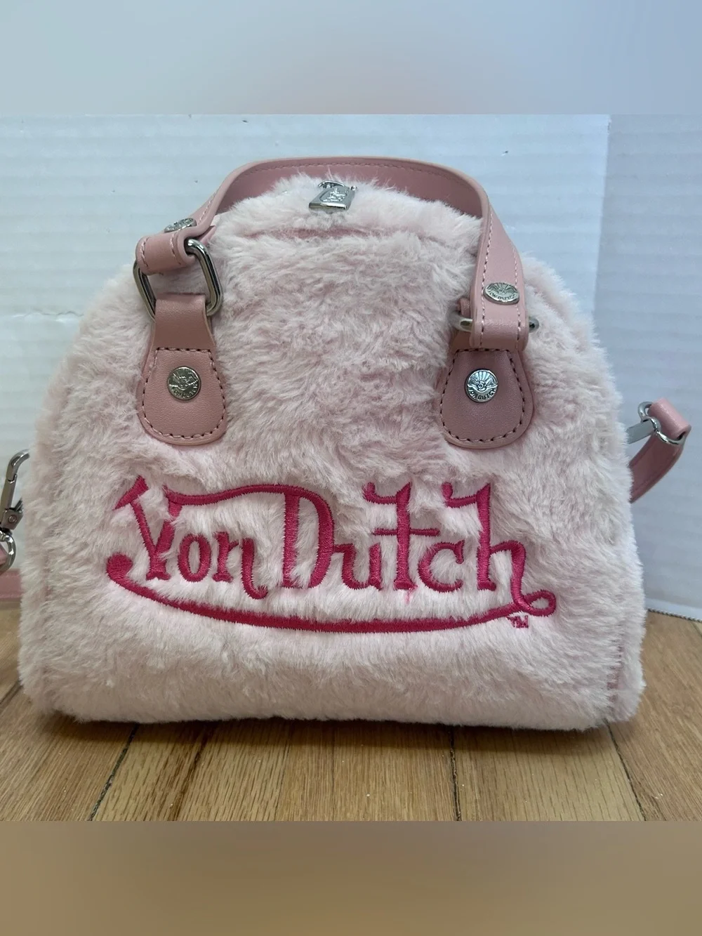Von Dutch Furry Light Pink with Hot Pink Lettering Bowling Bag Purse - Picture 7 of 12
